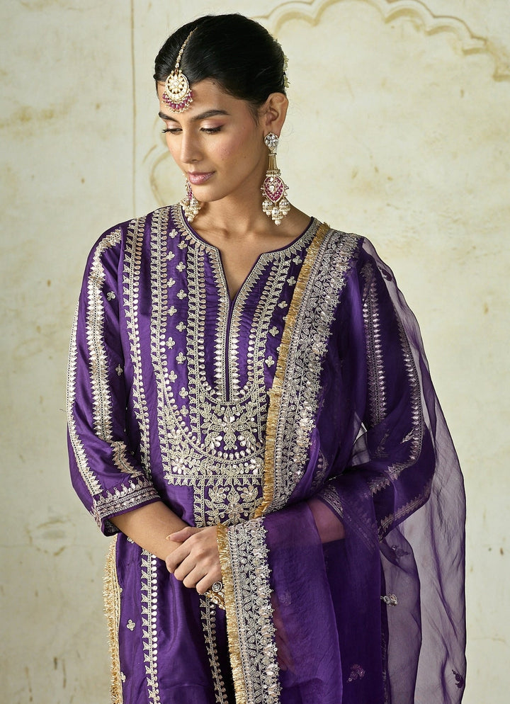 Gopi Vaid Purple Embroidered Tussar Kurta Palazzo SetFabilicious Fashion