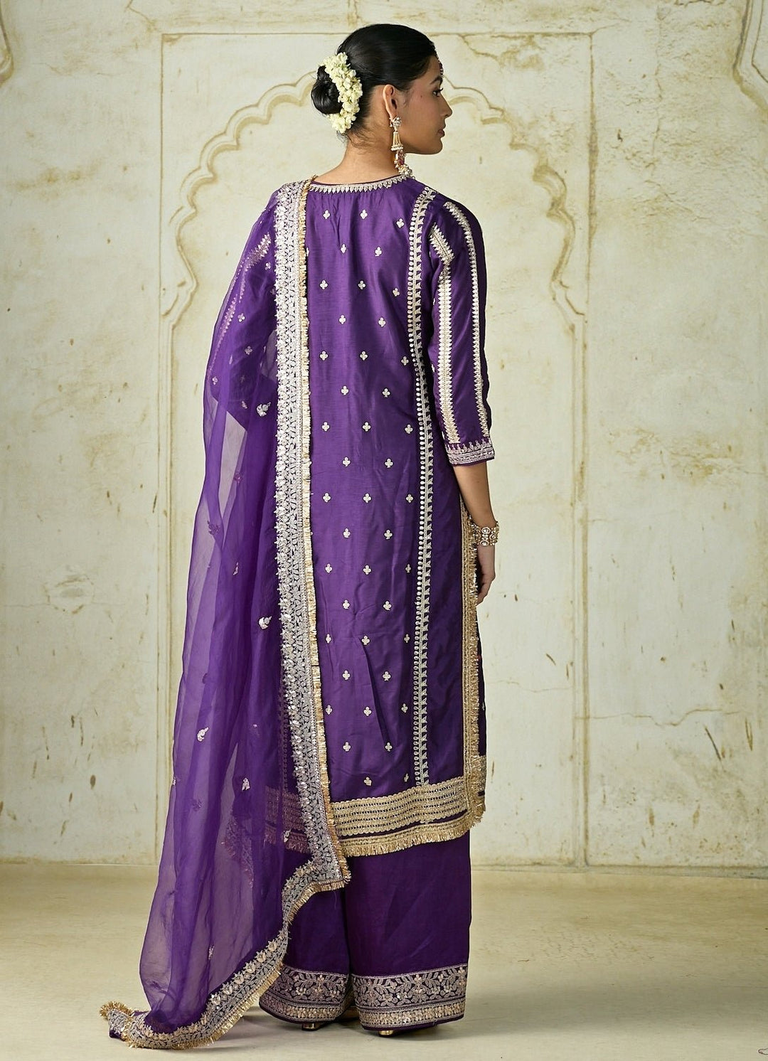 Gopi Vaid Purple Embroidered Tussar Kurta Palazzo SetFabilicious Fashion