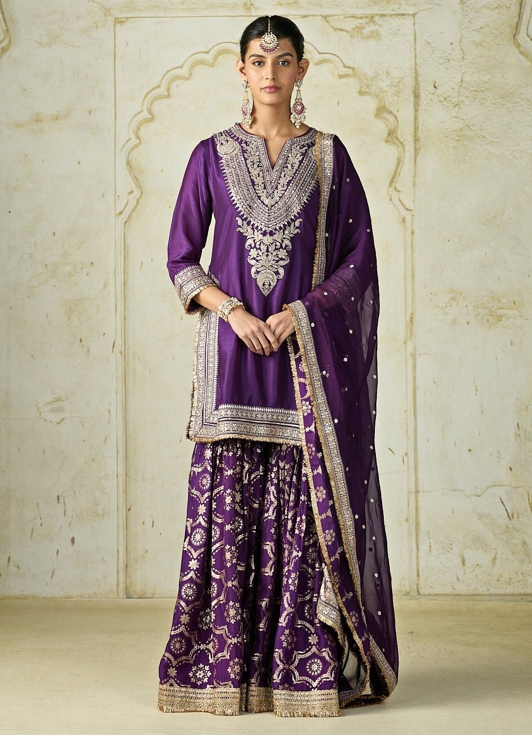 Gopi Vaid Purple Embroidered Tussar Kurta Sharara SetFabilicious Fashion