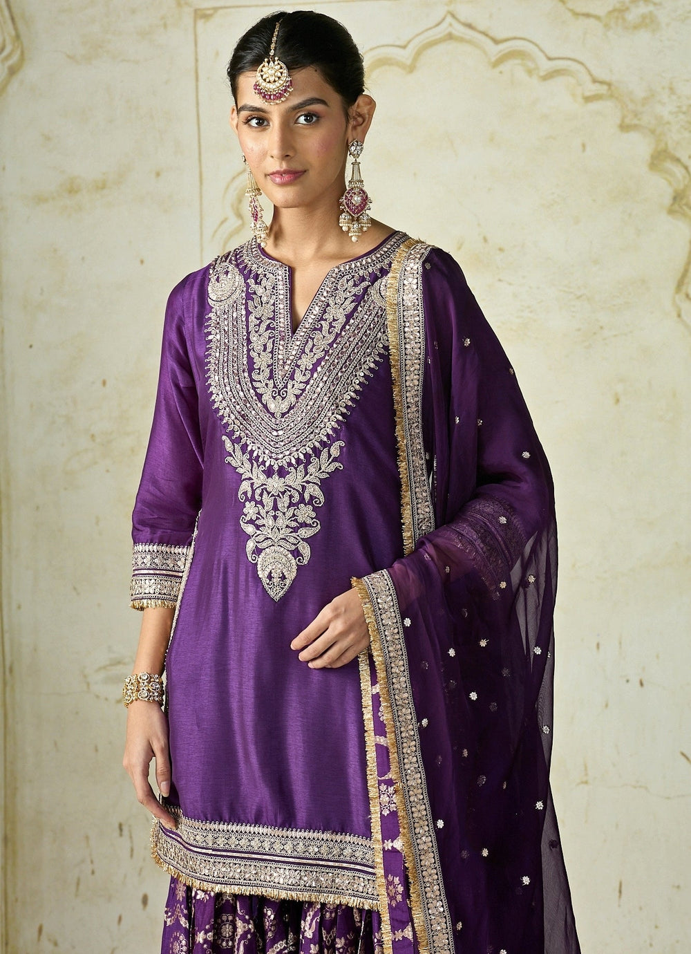 Gopi Vaid Purple Embroidered Tussar Kurta Sharara SetFabilicious Fashion