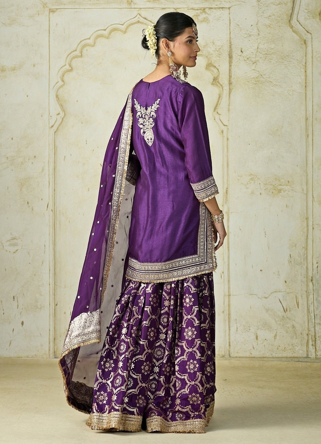 Gopi Vaid Purple Embroidered Tussar Kurta Sharara SetFabilicious Fashion