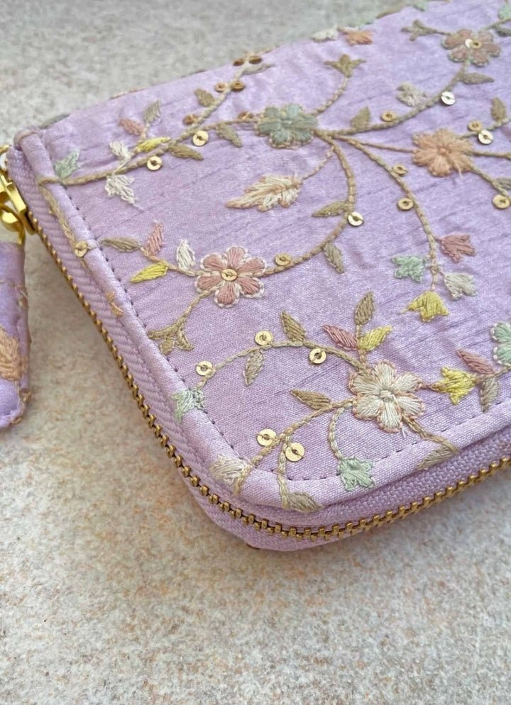 Purple Embroidered Zip Wallet AMYRA - Fabilicious Fashion