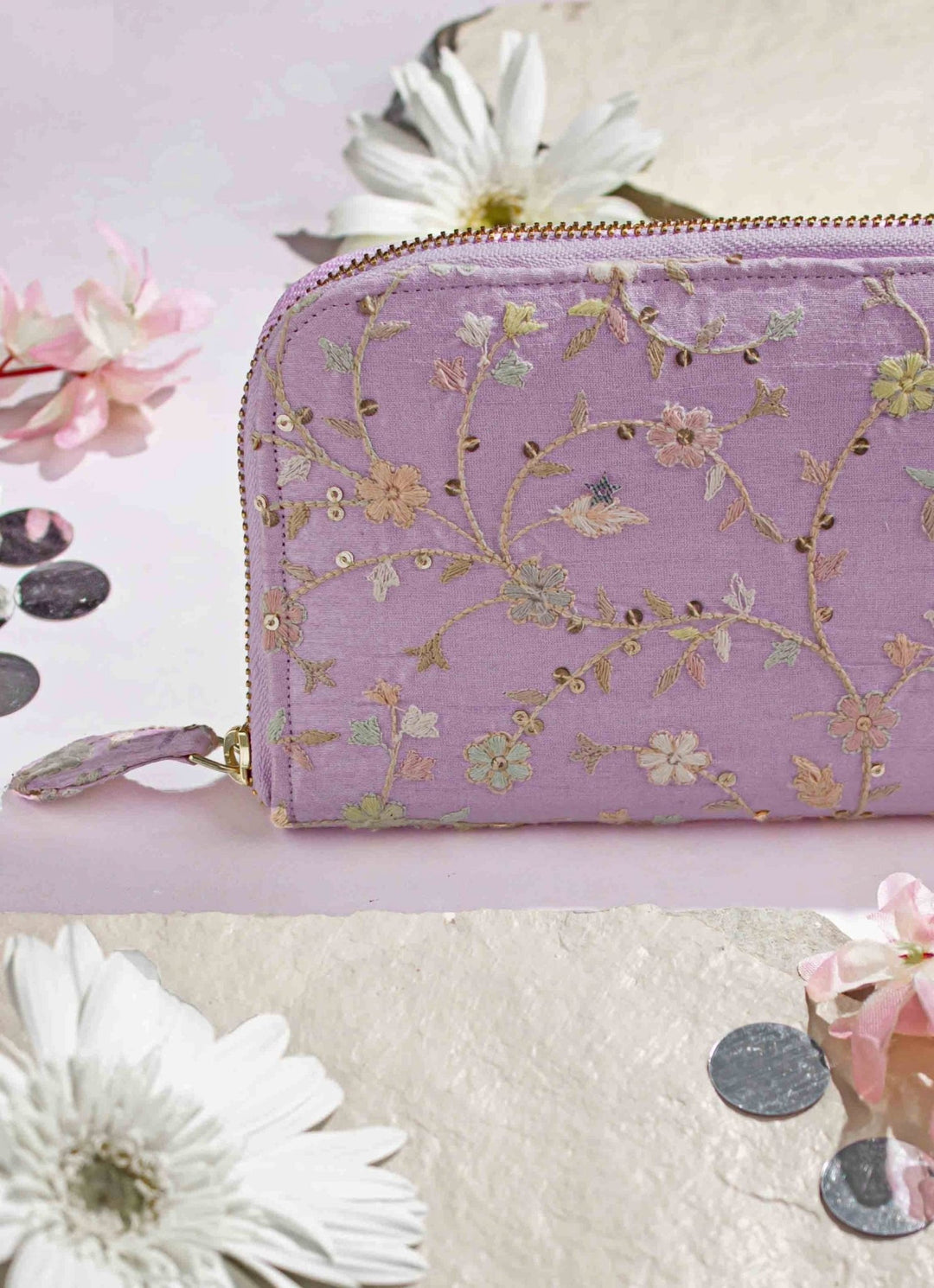 Purple Embroidered Zip Wallet AMYRA - Fabilicious Fashion