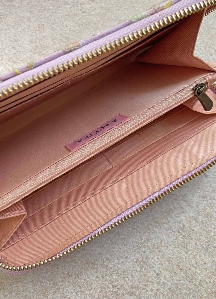 Purple Embroidered Zip Wallet AMYRA - Fabilicious Fashion