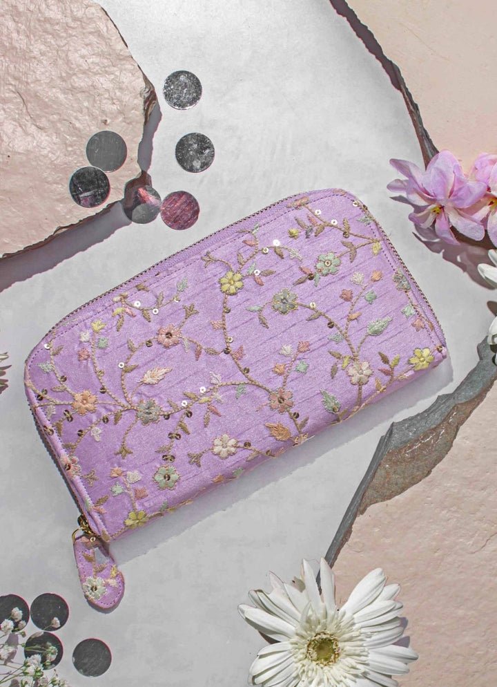 Purple Embroidered Zip Wallet AMYRA - Fabilicious Fashion