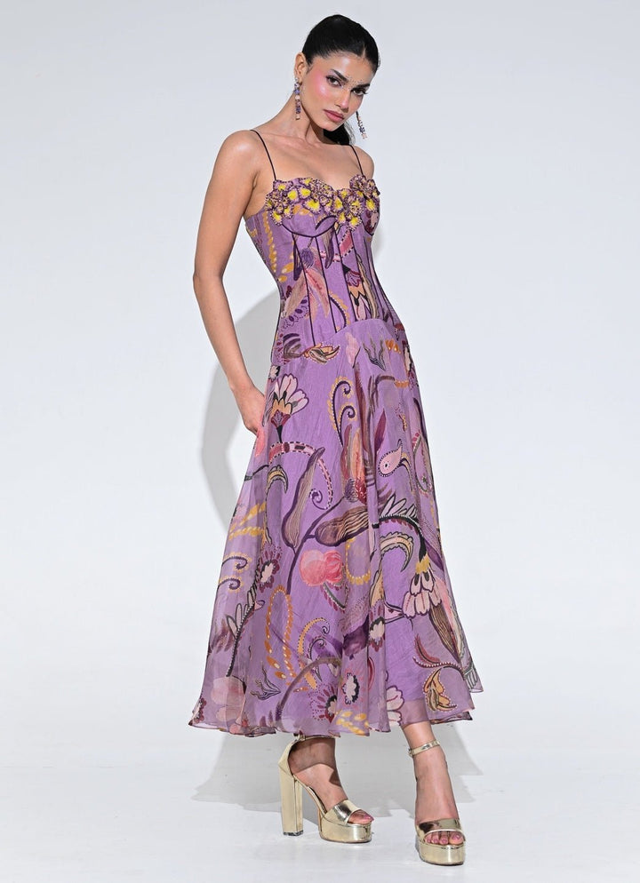 Purple Floral Organza Corset Midi Dress Juhi Bengani - Fabilicious Fashion