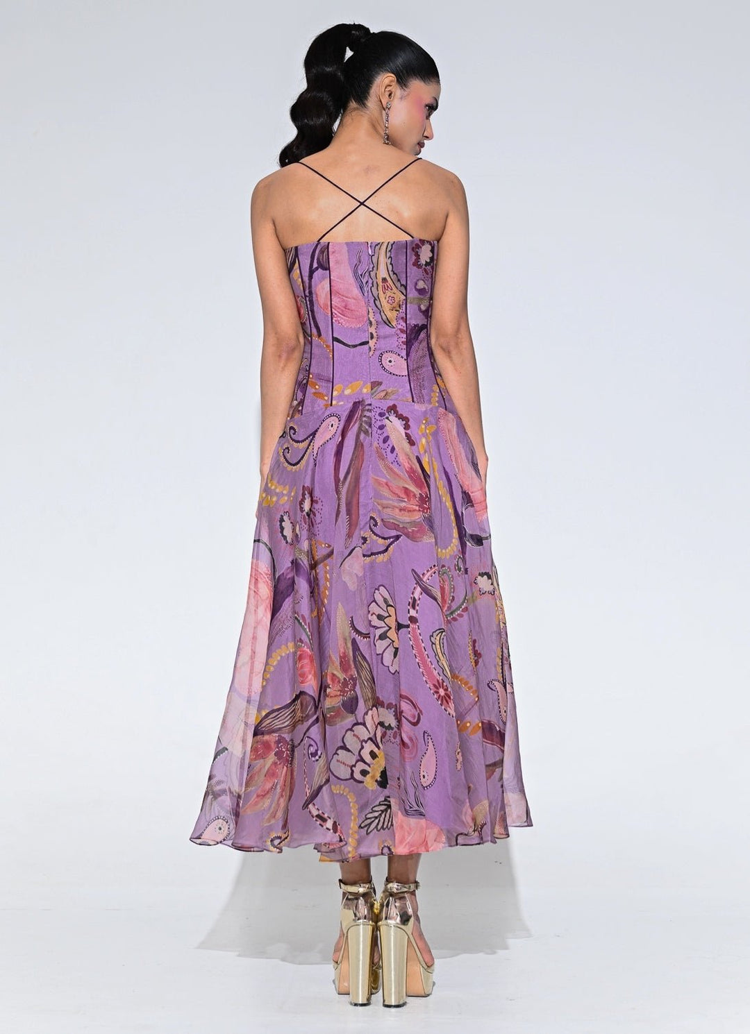 Purple Floral Organza Corset Midi Dress Juhi Bengani - Fabilicious Fashion
