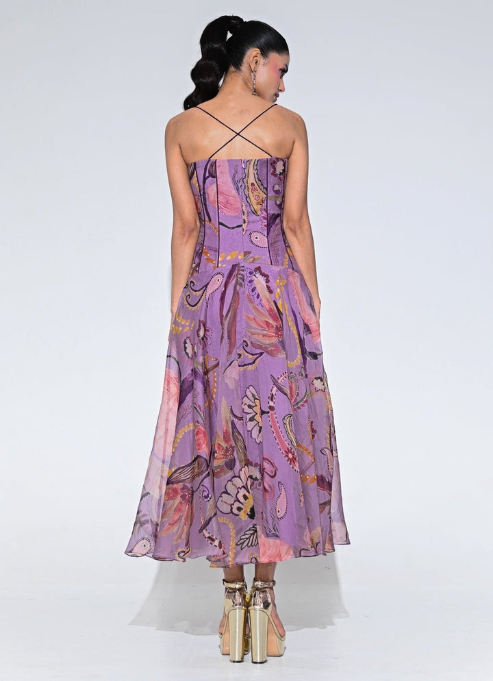 Purple Floral Organza Corset Midi Dress Juhi Bengani - Fabilicious Fashion