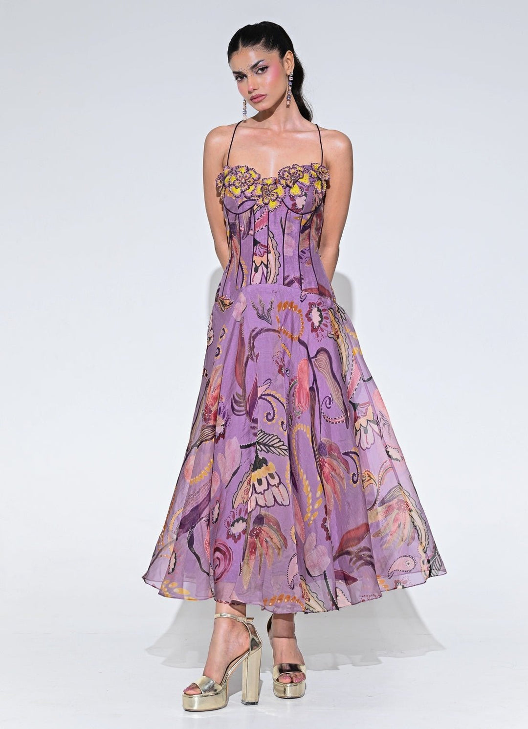 Purple Floral Organza Corset Midi Dress Juhi Bengani - Fabilicious Fashion