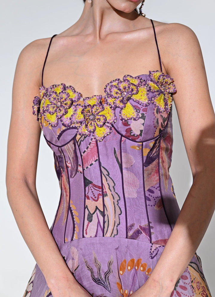 Purple Floral Organza Corset Midi Dress Juhi Bengani - Fabilicious Fashion