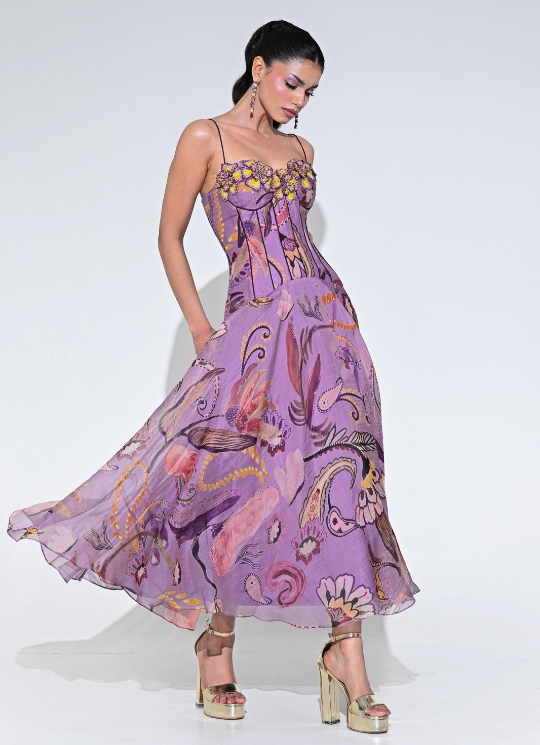 Purple Floral Organza Corset Midi Dress Juhi Bengani - Fabilicious Fashion