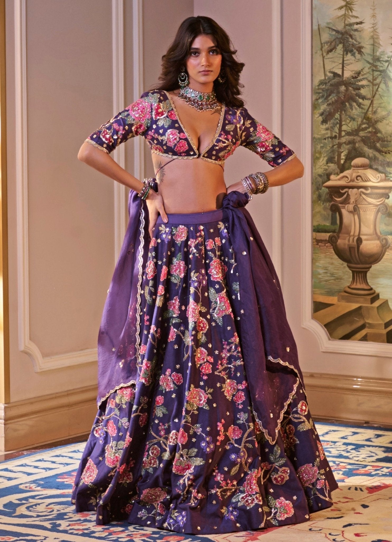 Purple floral silk lehenga set
