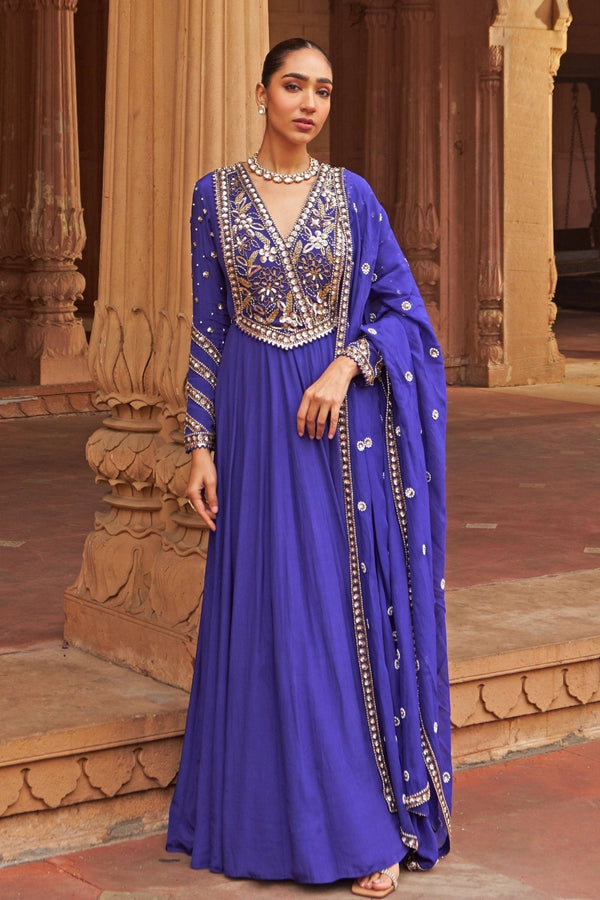 Purple floral sequin embroidered wedding guest anarkali for evening functions by Nidhika Shekhar