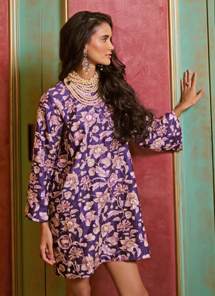 Purple Floral Silk Short Dress Paulmi and Harsh - Fabilicious Fashion