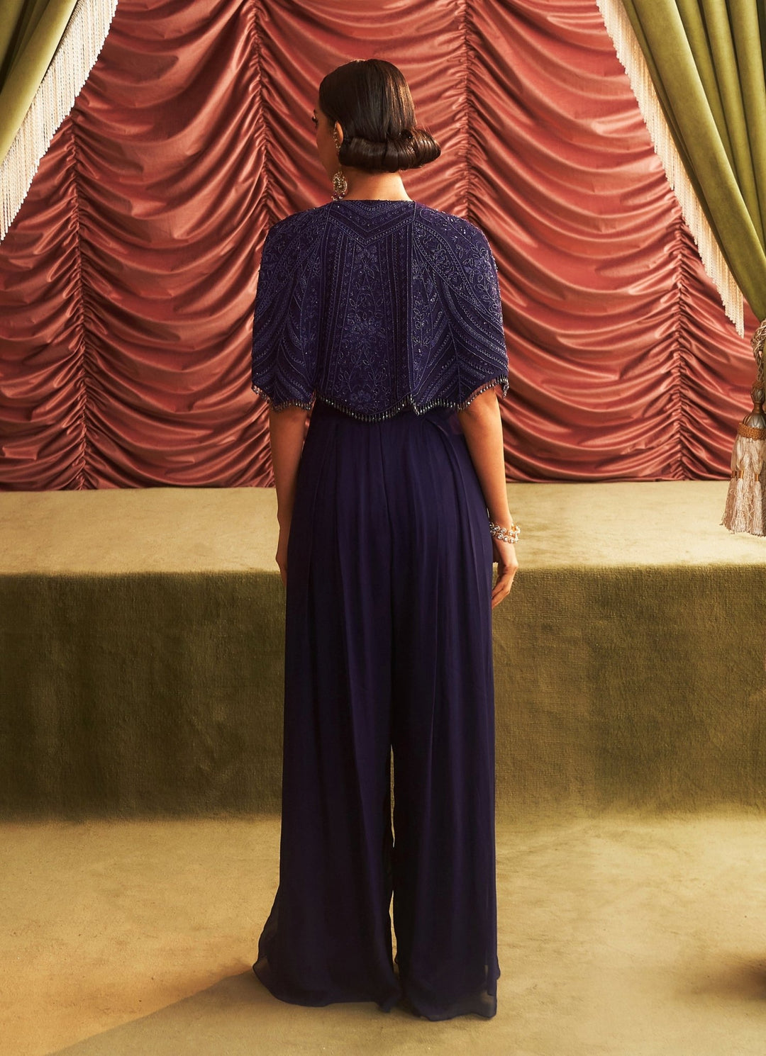 Purple Georgette Jumpsuit With Embroidered Cape Seema Thukral - Fabilicious Fashion