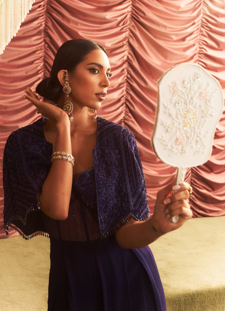 Purple Georgette Jumpsuit With Embroidered Cape Seema Thukral - Fabilicious Fashion