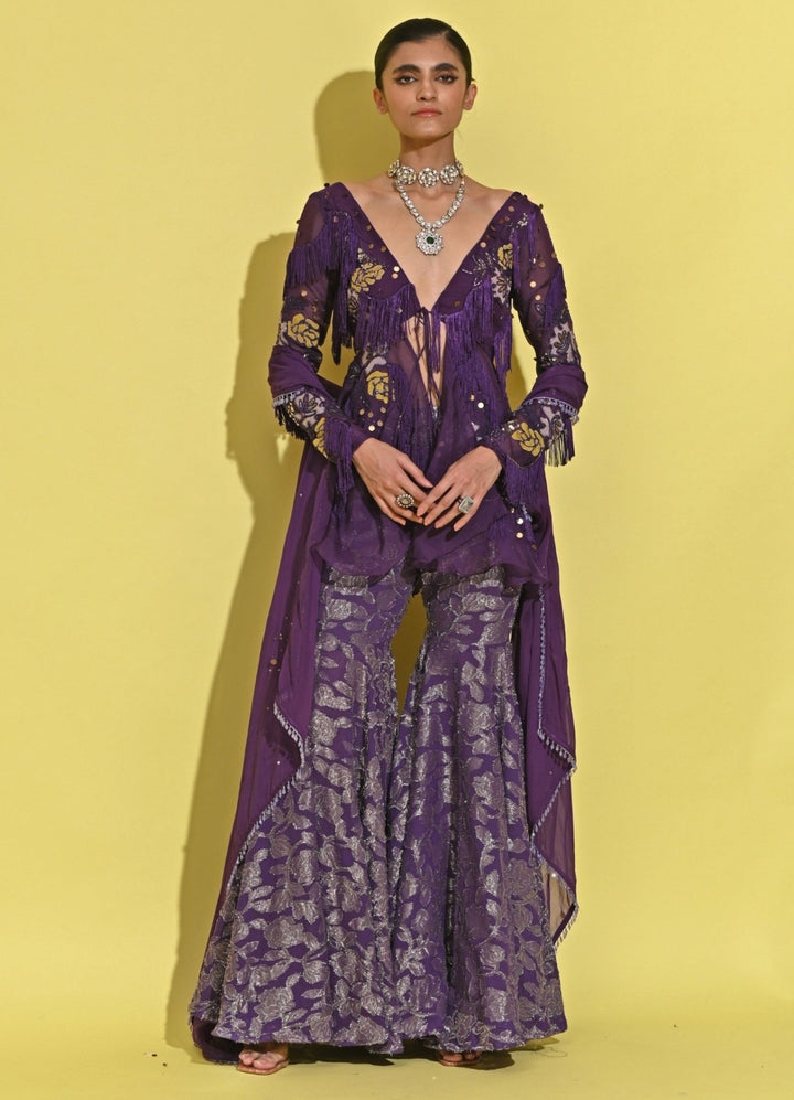 Rishi And Vibhuti Purple Georgette Peplum Kurta Sharara SetFabilicious Fashion