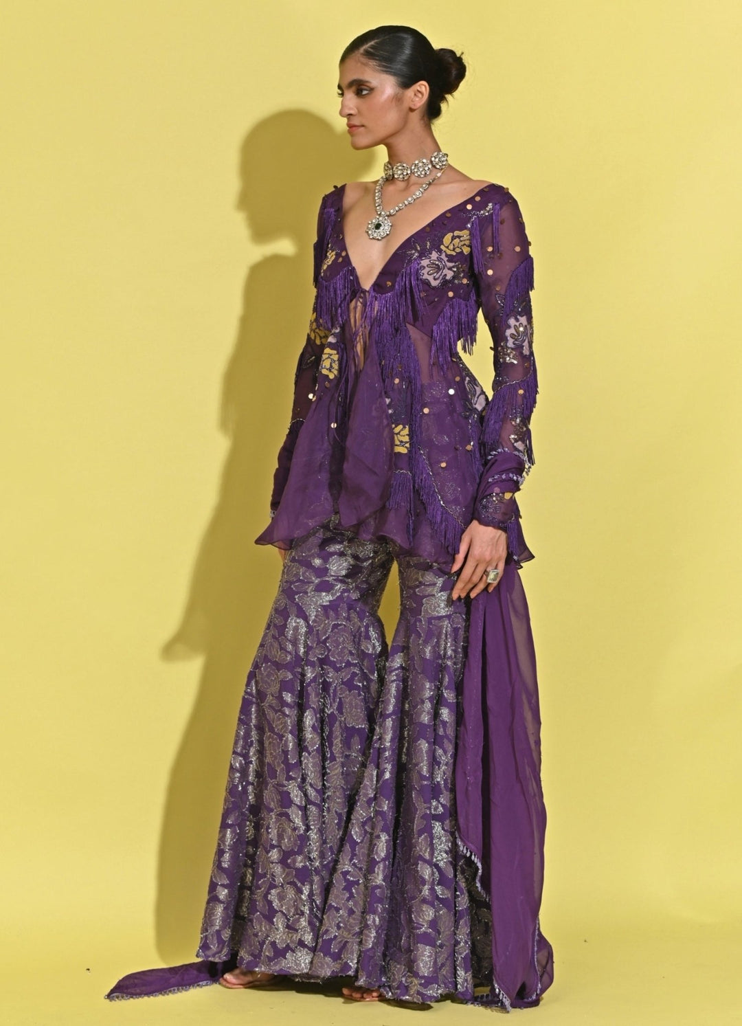 Rishi And Vibhuti Purple Georgette Peplum Kurta Sharara SetFabilicious Fashion