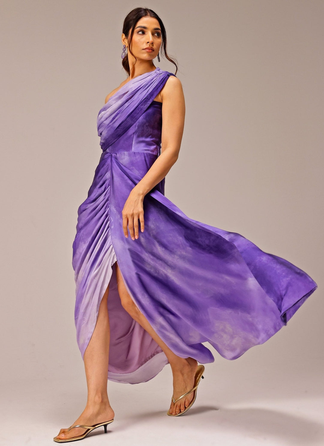 Studio Surbhi Purple Georgette Satin Printed One-Shoulder Drape GownFabilicious Fashion