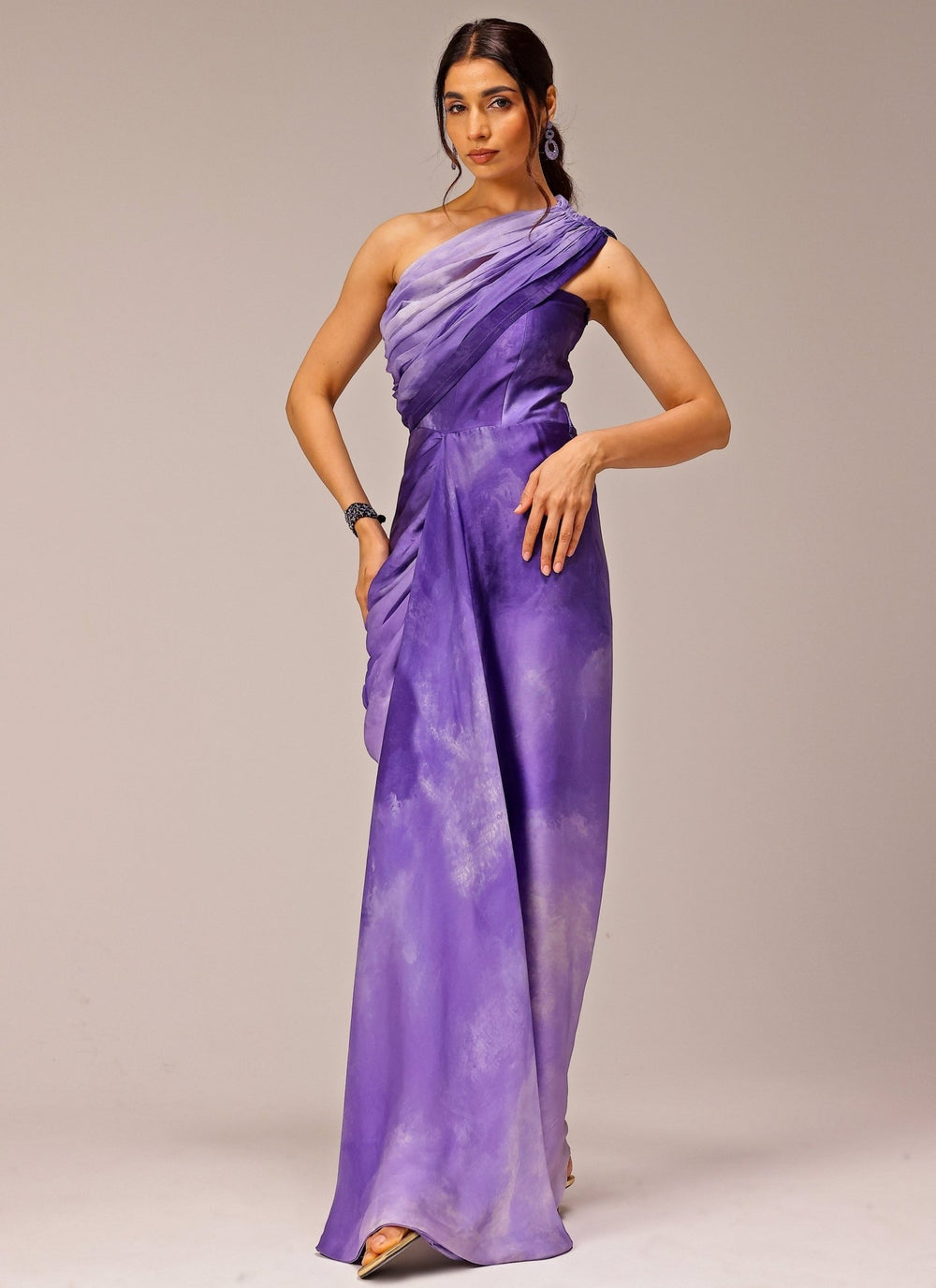 Studio Surbhi Purple Georgette Satin Printed One-Shoulder Drape GownFabilicious Fashion
