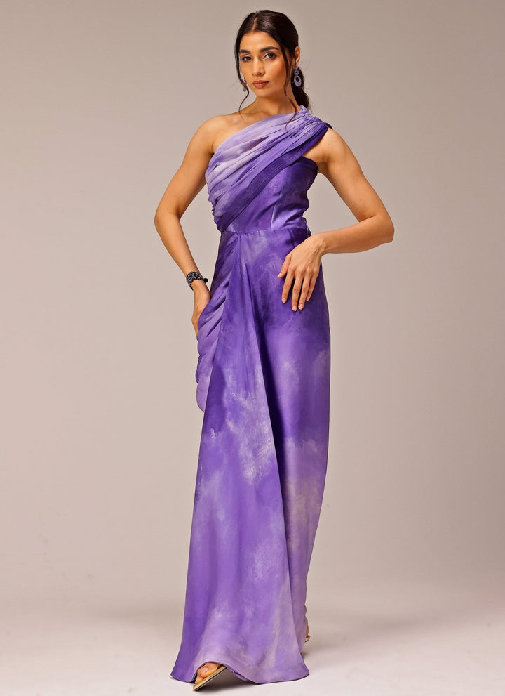 Studio Surbhi Purple Georgette Satin Printed One-Shoulder Drape GownFabilicious Fashion