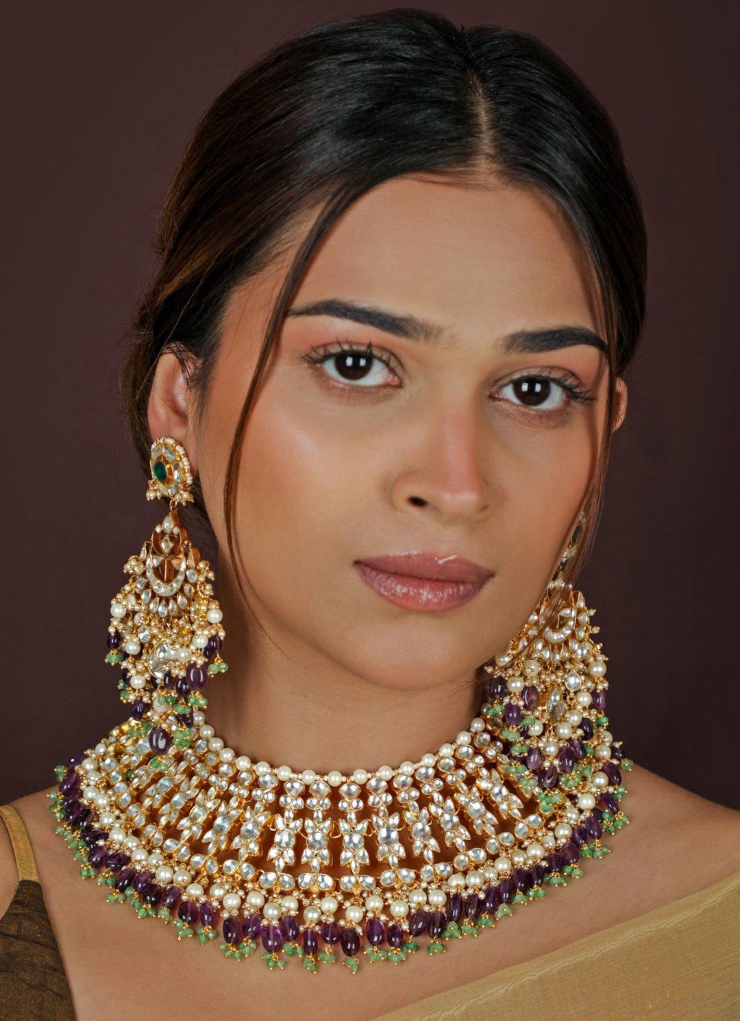 Purple &amp; Green Jadau Bridal Necklace Set Riana Jewellery - Fabilicious Fashion