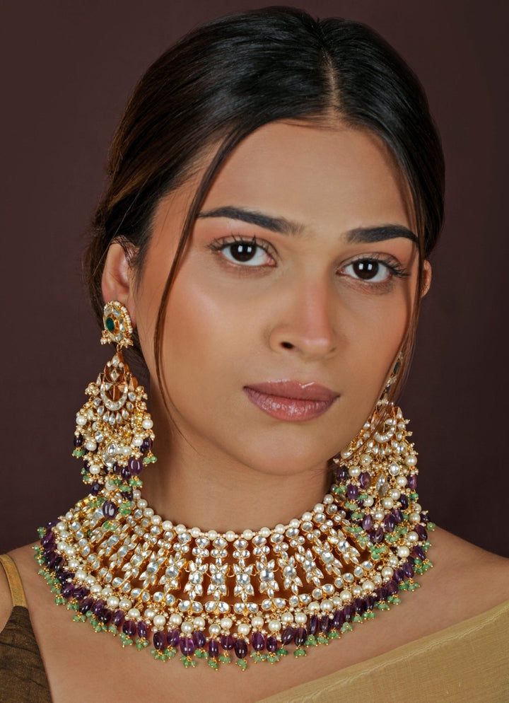 Purple &amp; Green Jadau Bridal Necklace Set Riana Jewellery - Fabilicious Fashion