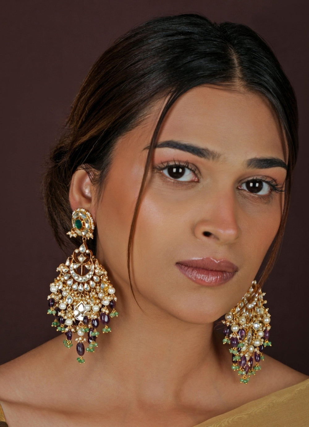 Purple & Green Jadau Bridal Necklace Set Riana Jewellery - Fabilicious Fashion