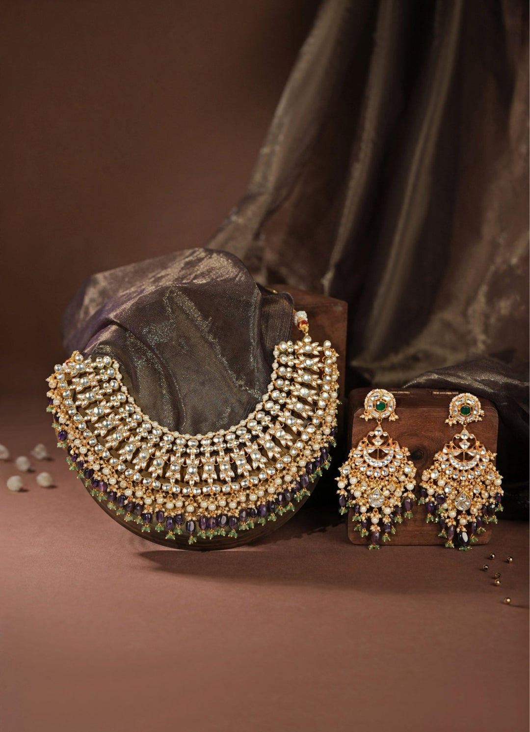 Purple &amp; Green Jadau Bridal Necklace Set Riana Jewellery - Fabilicious Fashion