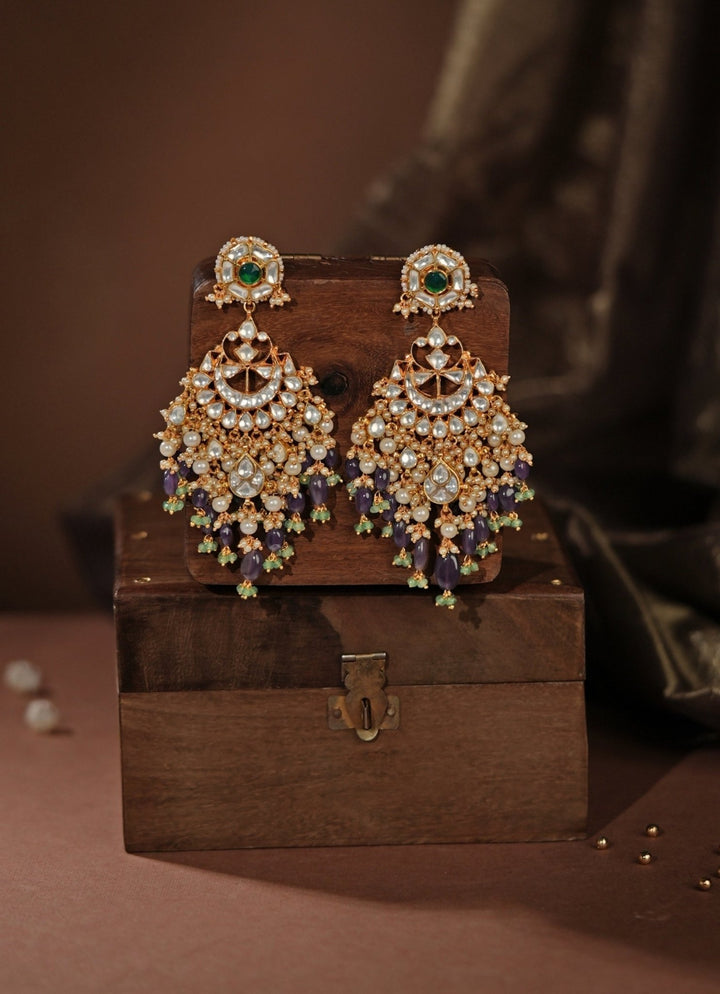 Purple &amp; Green Kundan Matte Gold Earrings Riana Jewellery - Fabilicious Fashion