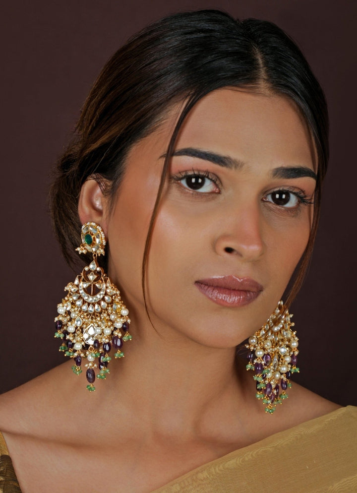 Purple &amp; Green Kundan Matte Gold Earrings Riana Jewellery - Fabilicious Fashion