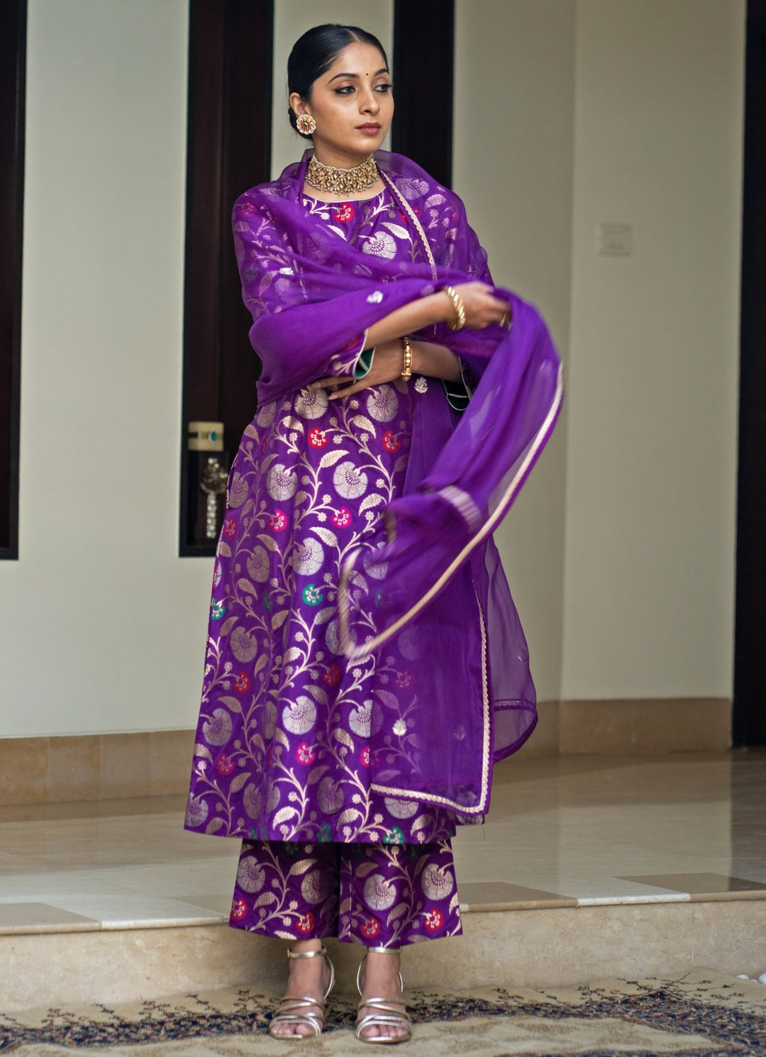 Purple Handwoven Floral Silk Kurta Pant Set Sobariko - Fabilicious Fashion