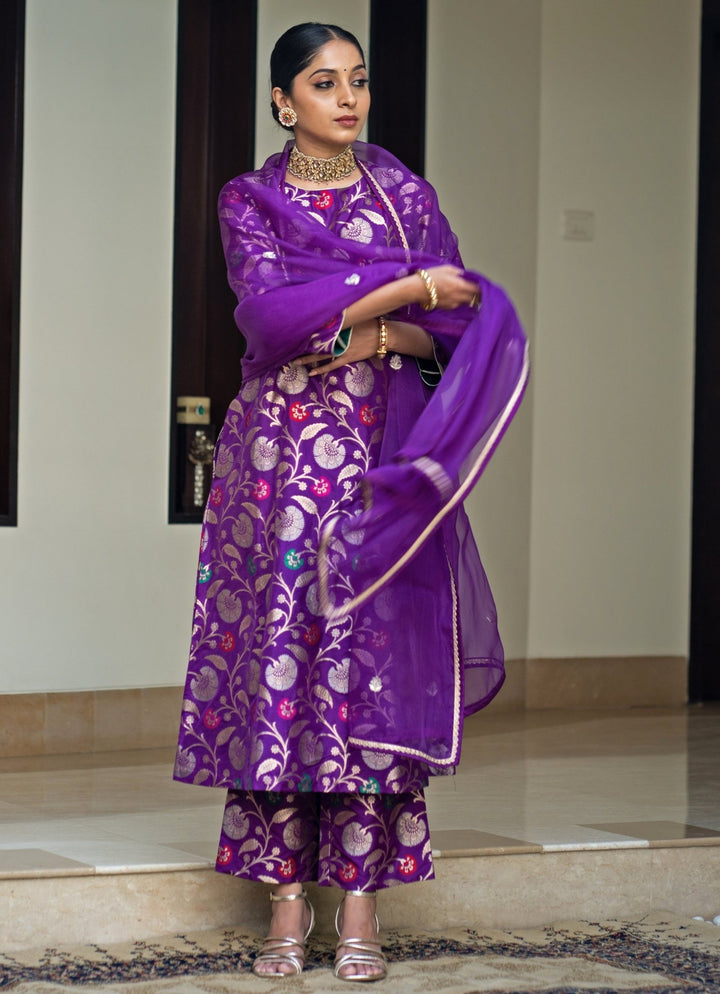 Purple Handwoven Floral Silk Kurta Pant Set Sobariko - Fabilicious Fashion