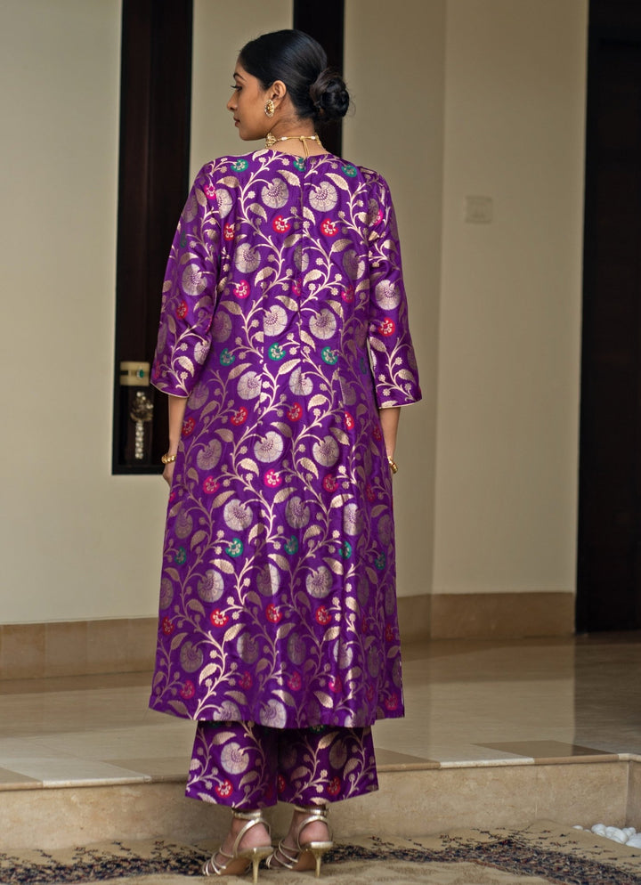 Purple Handwoven Floral Silk Kurta Pant Set Sobariko - Fabilicious Fashion