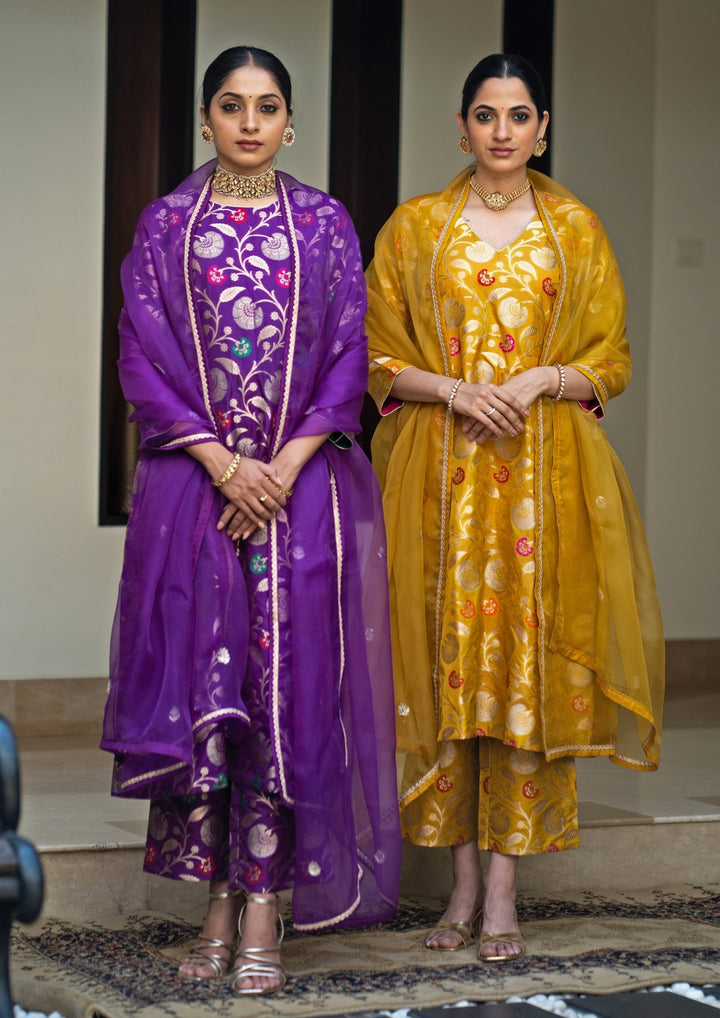 Purple Handwoven Floral Silk Kurta Pant Set Sobariko - Fabilicious Fashion