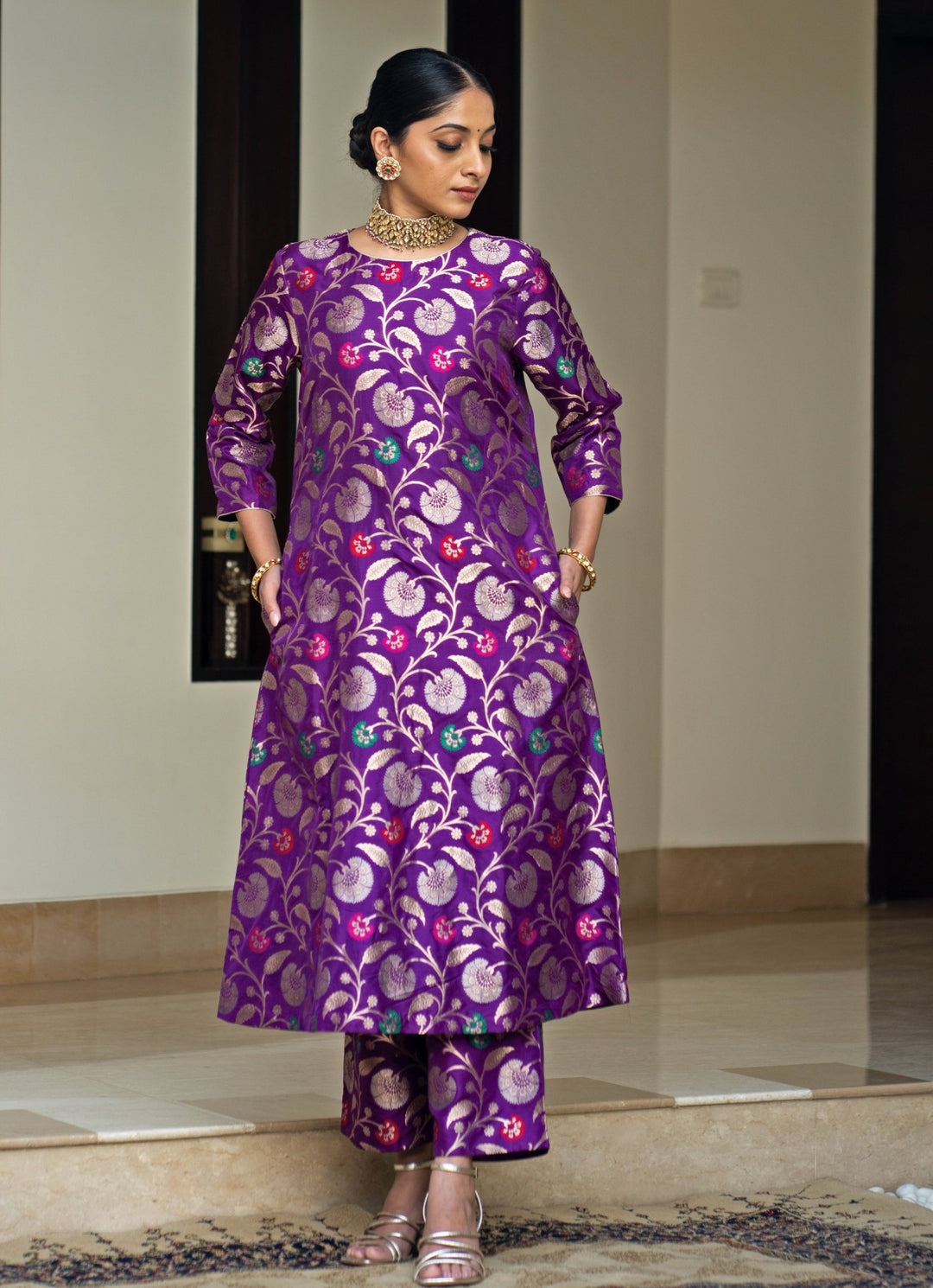 Purple Handwoven Floral Silk Kurta Pant Set Sobariko - Fabilicious Fashion