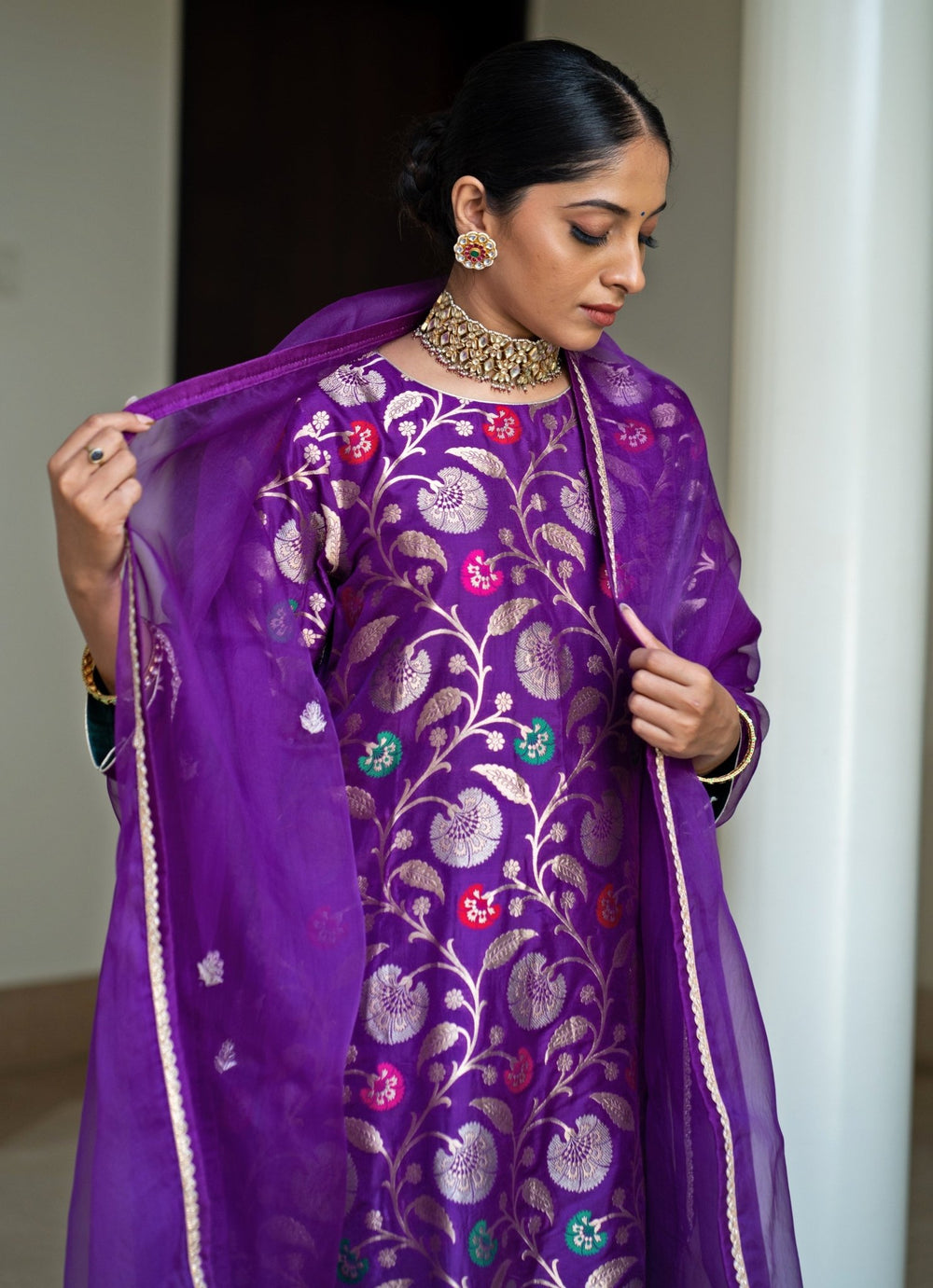Purple Handwoven Floral Silk Kurta Pant Set Sobariko - Fabilicious Fashion