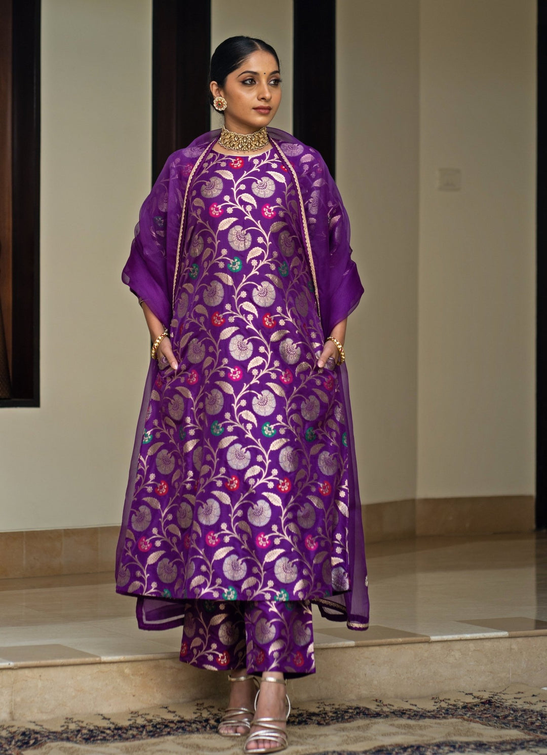 Purple Handwoven Floral Silk Kurta Pant Set Sobariko - Fabilicious Fashion