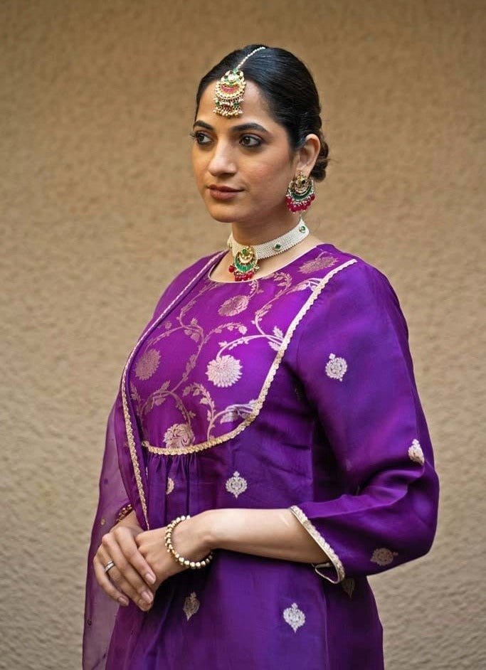 Purple Jaal Neck Butti Silk Kurta Pant Set Sobariko - Fabilicious Fashion