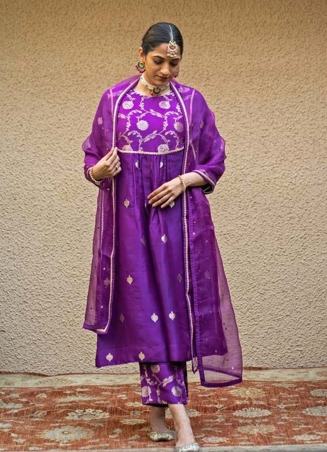 Purple Jaal Neck Butti Silk Kurta Pant Set Sobariko - Fabilicious Fashion