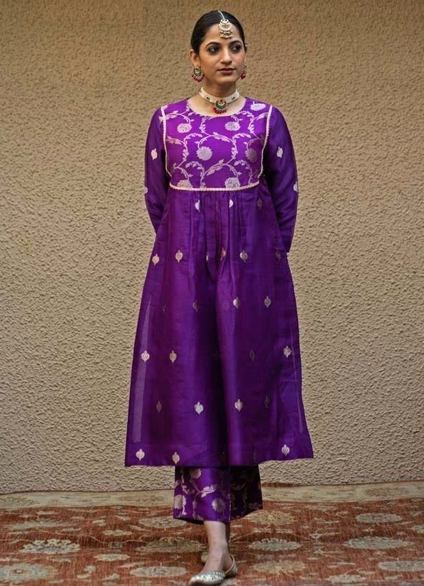 Purple Jaal Neck Butti Silk Kurta Pant Set Sobariko - Fabilicious Fashion