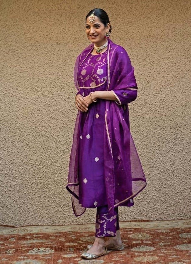 Purple Jaal Neck Butti Silk Kurta Pant Set Sobariko - Fabilicious Fashion