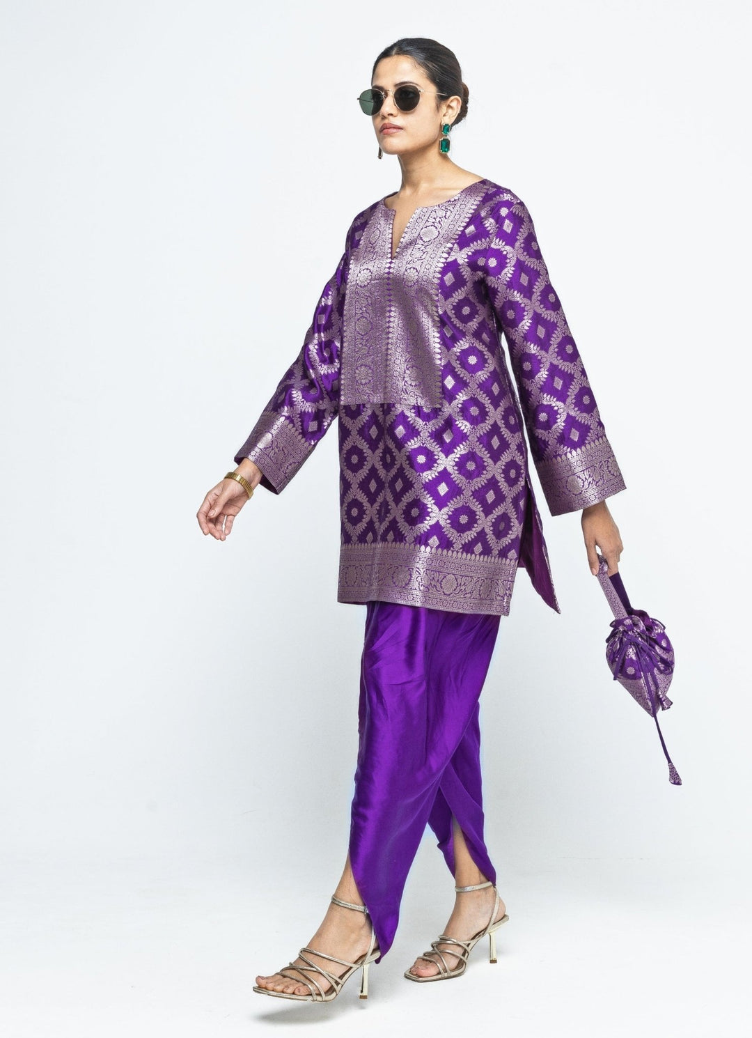Purple Jaal Silk Kurta Dhoti Set Sobariko - Fabilicious Fashion