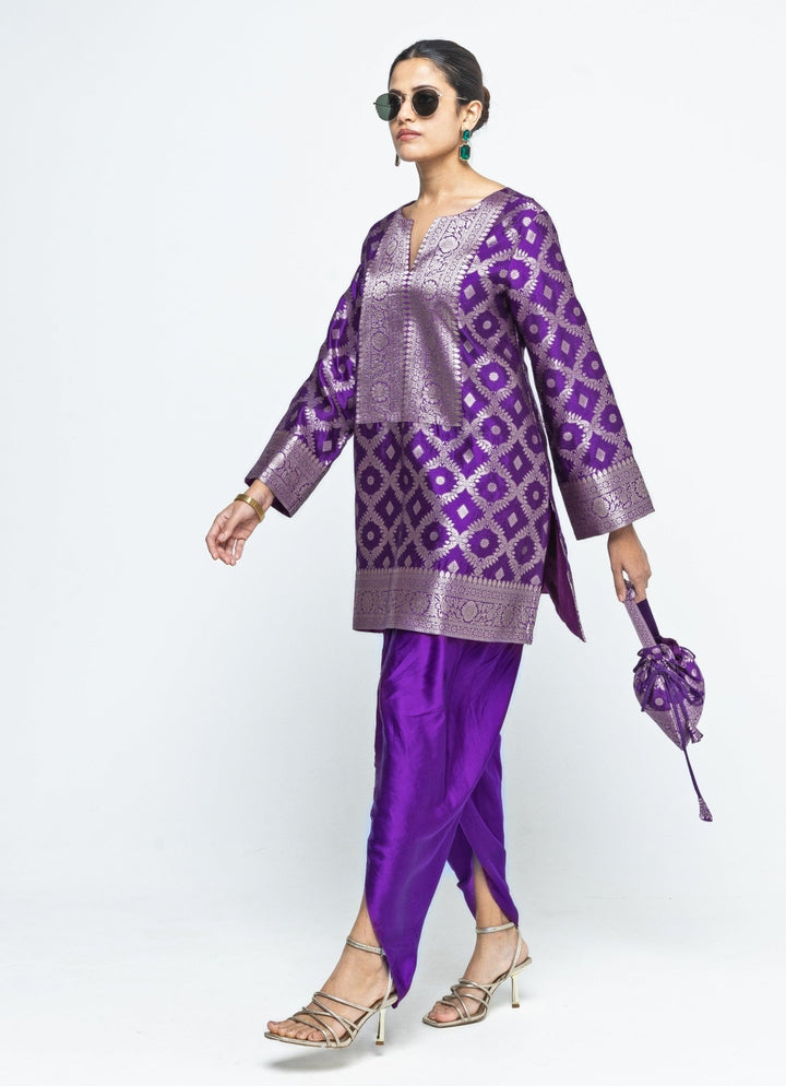 Purple Jaal Silk Kurta Dhoti Set Sobariko - Fabilicious Fashion