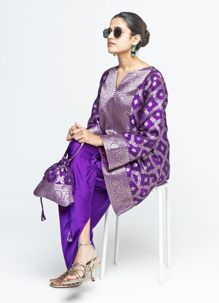 Purple Jaal Silk Kurta Dhoti Set Sobariko - Fabilicious Fashion