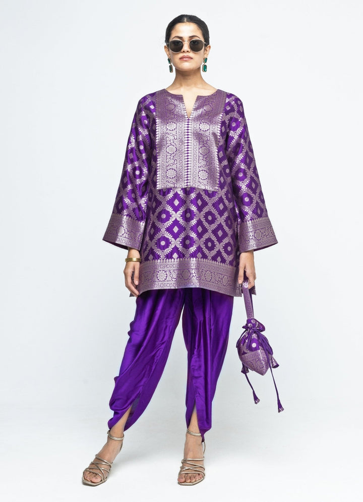 Purple Jaal Silk Kurta Dhoti Set Sobariko - Fabilicious Fashion