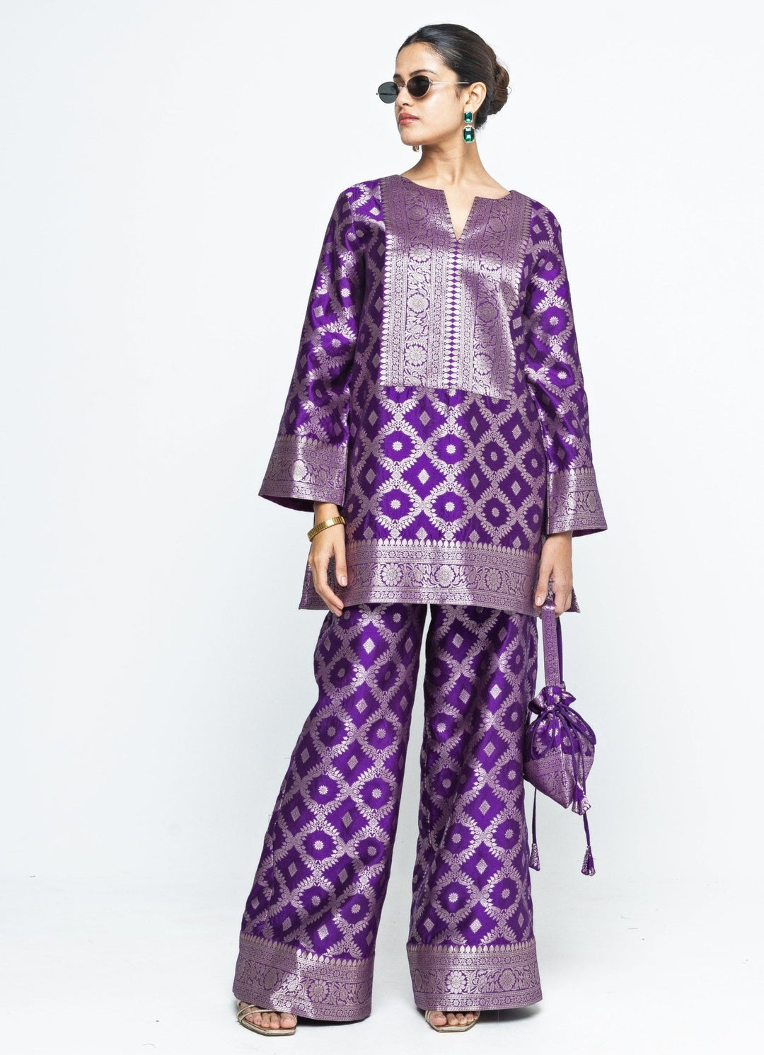 Purple Jaal Silk Kurta Pants Set Sobariko - Fabilicious Fashion
