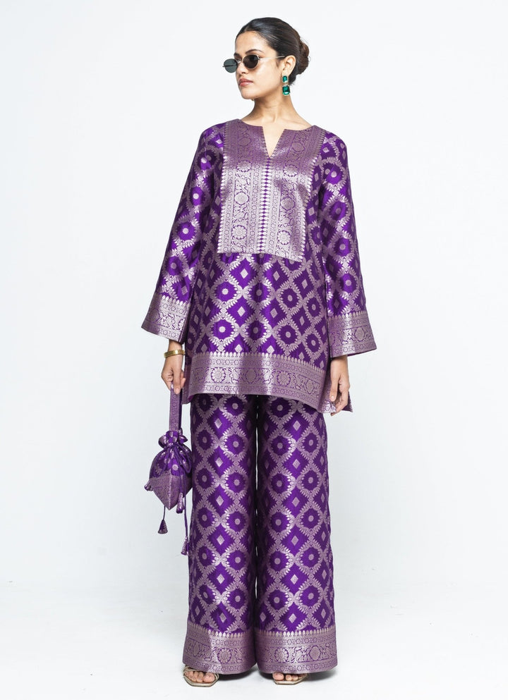 Purple Jaal Silk Kurta Pants Set Sobariko - Fabilicious Fashion