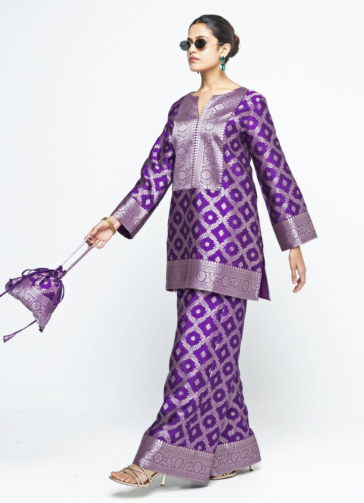Purple Jaal Silk Kurta Pants Set Sobariko - Fabilicious Fashion
