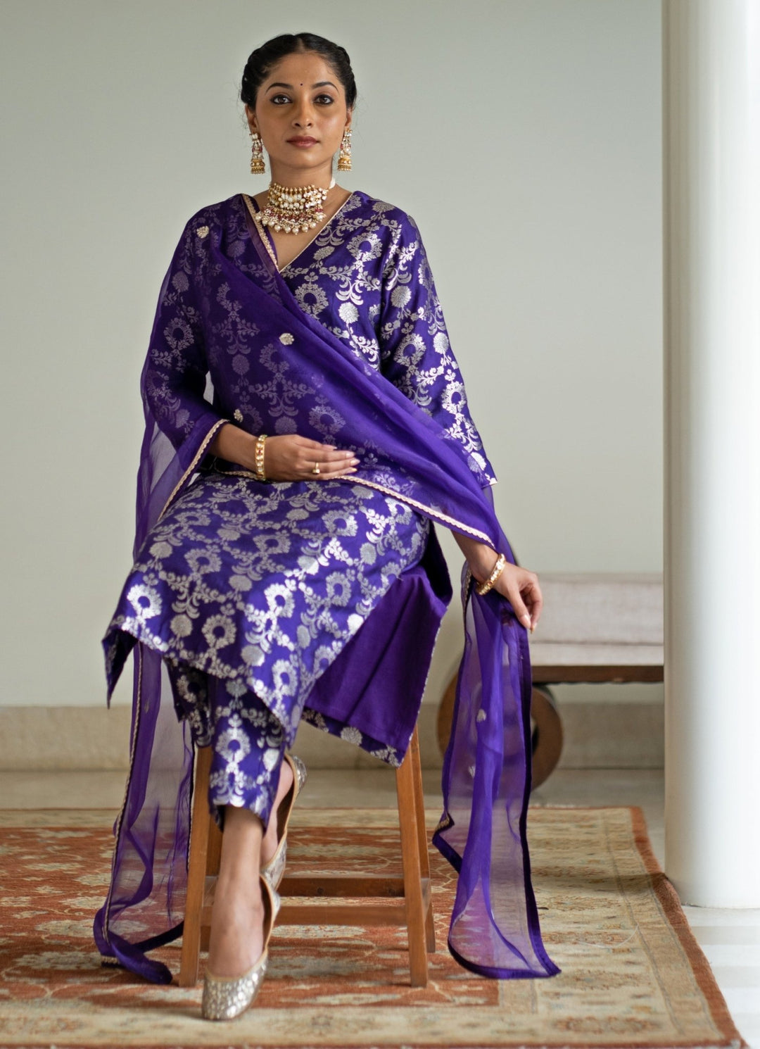 Purple Jaal Weaved Brocade Silk Kurta Pant Set Sobariko - Fabilicious Fashion